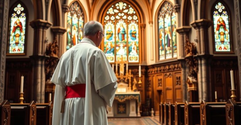 Ksiądz w tradycyjnym stroju katolickim w kościele, rozważający nauki moralne i krytykujący modernistyczne poglądy na sumienie, w poważnym, refleksyjnym nastroju