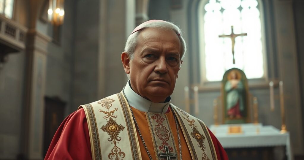 Ksiądz w tradycyjnych szatach w kościele z krucyfiksem i ołtarzem, wyraz powagi, krytyka modernistycznego papieża