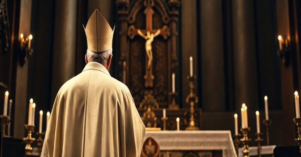 Ksiądz w tradycyjnych szatach przed ołtarzem, wyraz głębokiej wiary i krytyki modernistycznych praktyk kościelnych