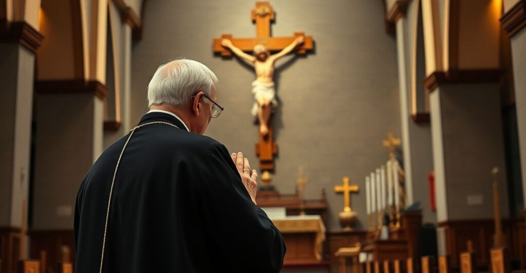 Katolicki ksiądz modlący się przed krucyfiksem w tradycyjnej świątyni, wyraz pobożności i wiernej tradycji Kościoła
