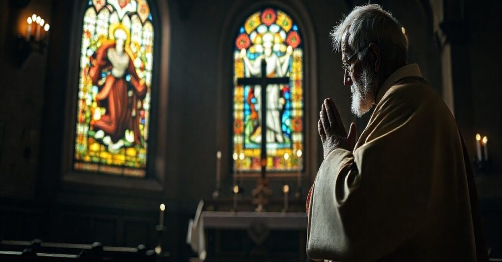 Ksiądz modlący się przed krucyfiksem przy ołtarzu w tradycyjnej katolickiej kaplicy, symbolizujący wierność naukom Kościoła i sprzeciw wobec modernistycznych tendencji