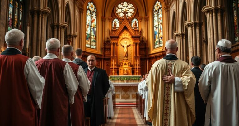 Ksiądz w tradycyjnych szatach katolickich w modlitewnym skupieniu w pięknym, historycznym kościele z witrażami i ołtarzem, symbolizujący wierność tradycji i nauce Kościoła.