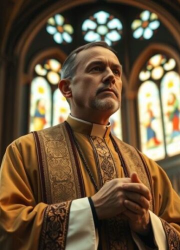 Tradycyjny katolicki ksiądz w modlitwie w kościele - refleksja nad odchyleń od dogmatów Ksiądz modli się w tradycyjnym katolickim kościele, wyraz głębokiej wiary i refleksji, symbolizujący odrzucenie modernistycznych błędów i ekumenizmu.