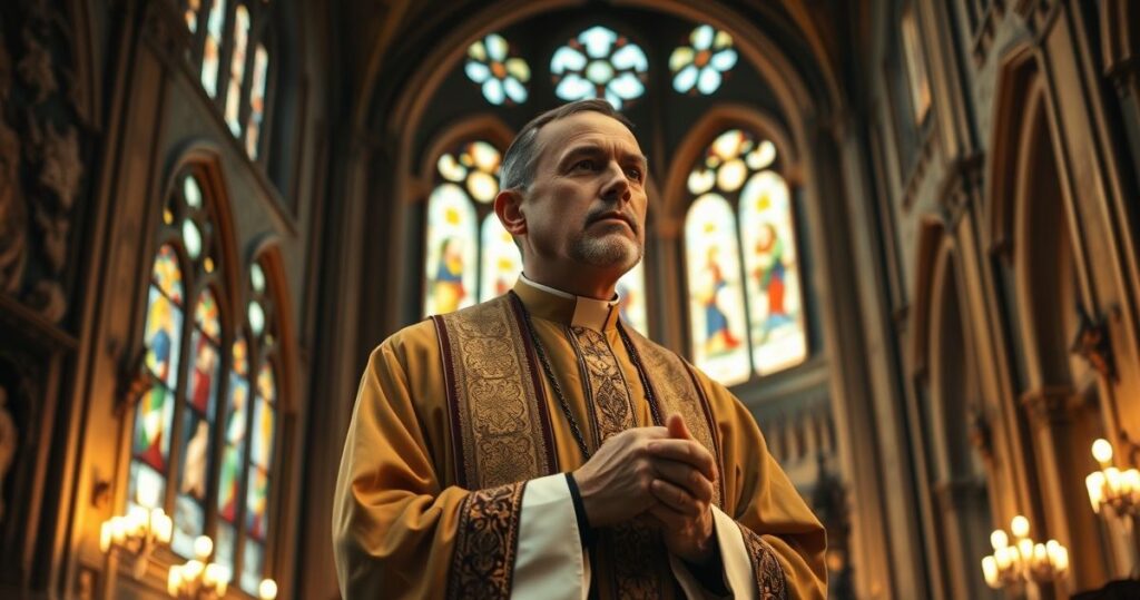 Ksiądz modli się w tradycyjnym katolickim kościele, wyraz głębokiej wiary i refleksji, symbolizujący odrzucenie modernistycznych błędów i ekumenizmu.