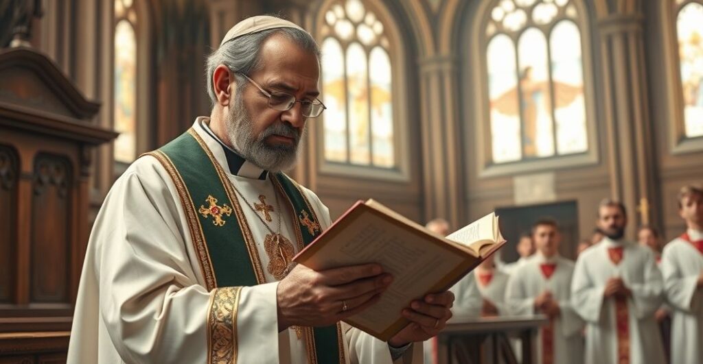 Ksiądz w tradycyjnej szacie liturgicznej czyta Pismo Święte w kościele, scena pełna powagi i religijnego skupienia