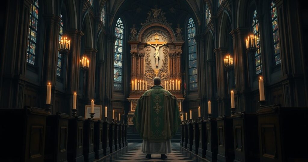 Zdjęcie tradycyjnego księdza w liturgicznych szatach w sanktuarium, symbolizujące powrót do wiernej katolickiej nauki i krytykę modernistycznych tendencji