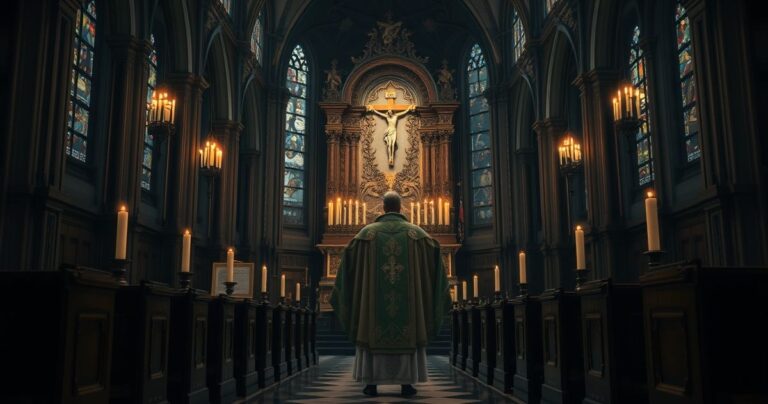 Zdjęcie tradycyjnego księdza w liturgicznych szatach w sanktuarium, symbolizujące powrót do wiernej katolickiej nauki i krytykę modernistycznych tendencji