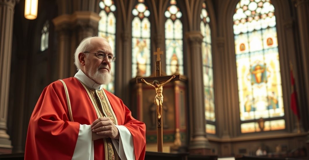 Ksiądz katolicki w tradycyjnym kościele – refleksja nad kryzysem duchowym Ksiądz katolicki w tradycyjnym stroju, modlący się w kościele, symbolizujący odrzucenie nowoczesnych błędów duchowych