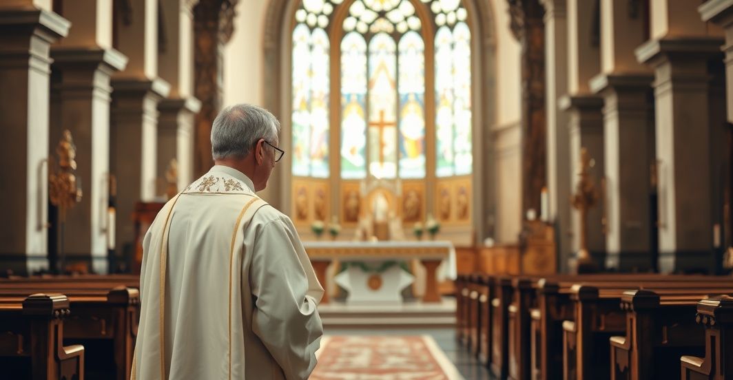 Ksiądz katolicki w tradycyjnym stroju w kościele, wyrażający troskę o wierność naukom Chrystusa i tradycyjnej hierarchii Kościoła
