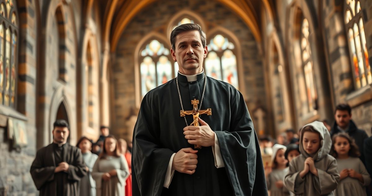 Konserwatywny katolicki ksiądz z krzyżem w trakcie tradycyjnej procesji, wokół wierni w skromnych strojach, w historycznym kościele, symbolizujący prawdziwą wiarę i sprzeciw wobec nowoczesnych błędów