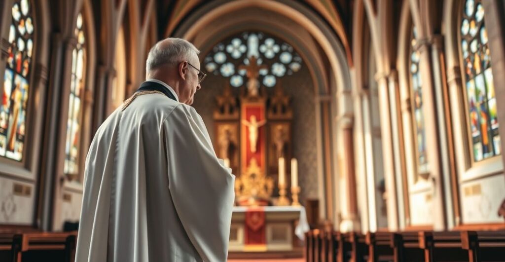 Ksiądz w tradycyjnych szatach w świątyni, symbolizujący autentyczną katolicką wiarę, krytykujący współczesne struktury Kościoła
