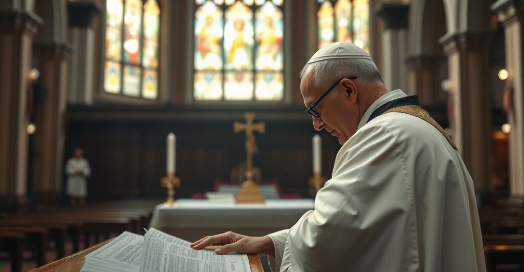 Ksiądz w tradycyjnym stroju podczas liturgii, wyraz powagi i refleksji, symbolizujący katolicką tradycję w obliczu nowoczesnych wyzwań