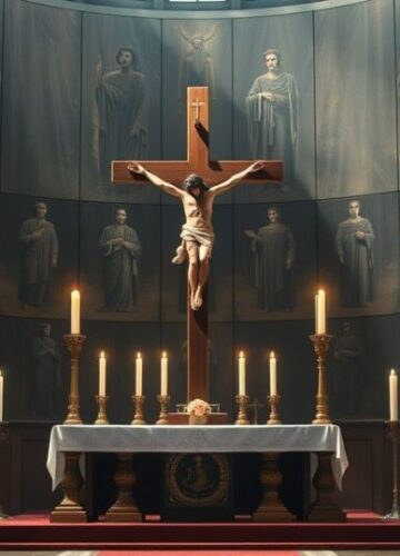 Scena katolicka w tradycyjnym stylu z krytyką modernistycznej rewolucji Realistyczne zdjęcie katolickiego ołtarza z krucyfiksem i kapłanami w tradycyjnych szatach, symbolizujące wierność naukom Kościoła
