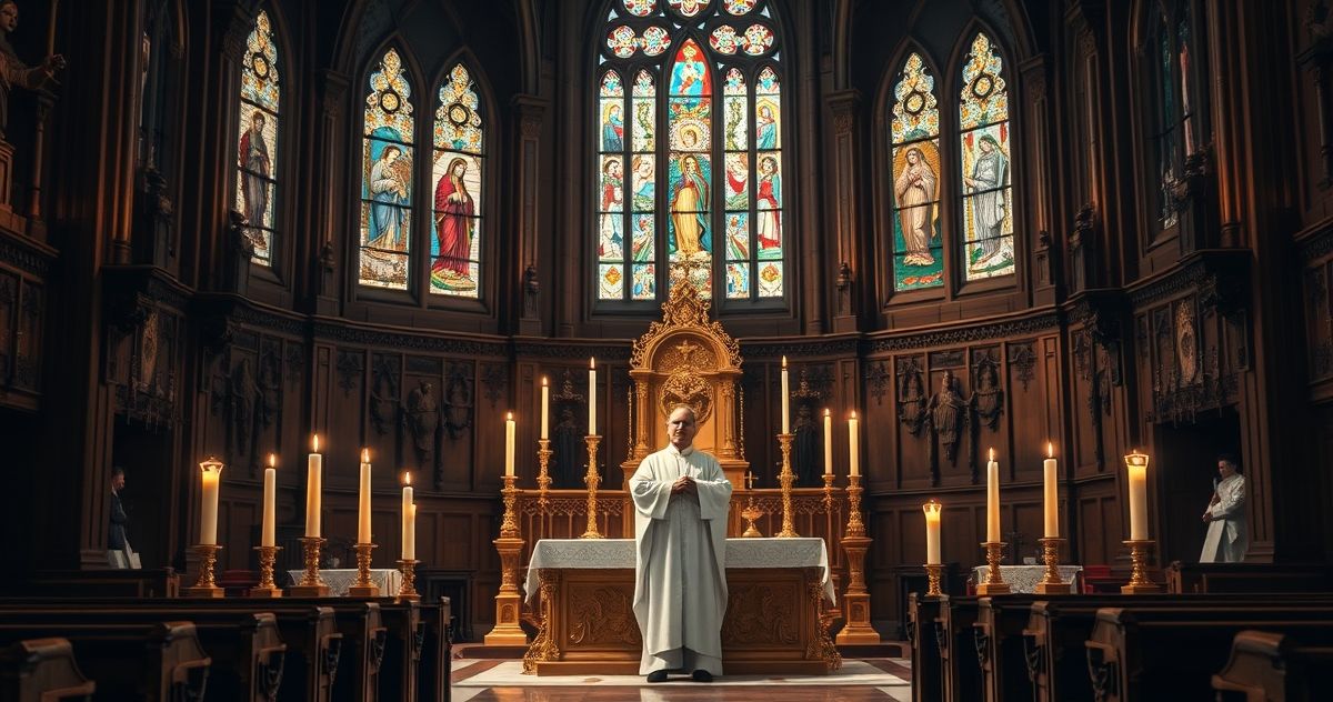 Tradycyjny katolicki ołtarz podczas Eucharystii w świątyni Fotografia realistyczna i pełna czci, przedstawiająca tradycyjny ołtarz z kapłanem w białych szatach sprawującym Mszę świętą w świątyni katolickiej, z modlącymi się wiernymi i światłami symbolizującymi duchową głębię.