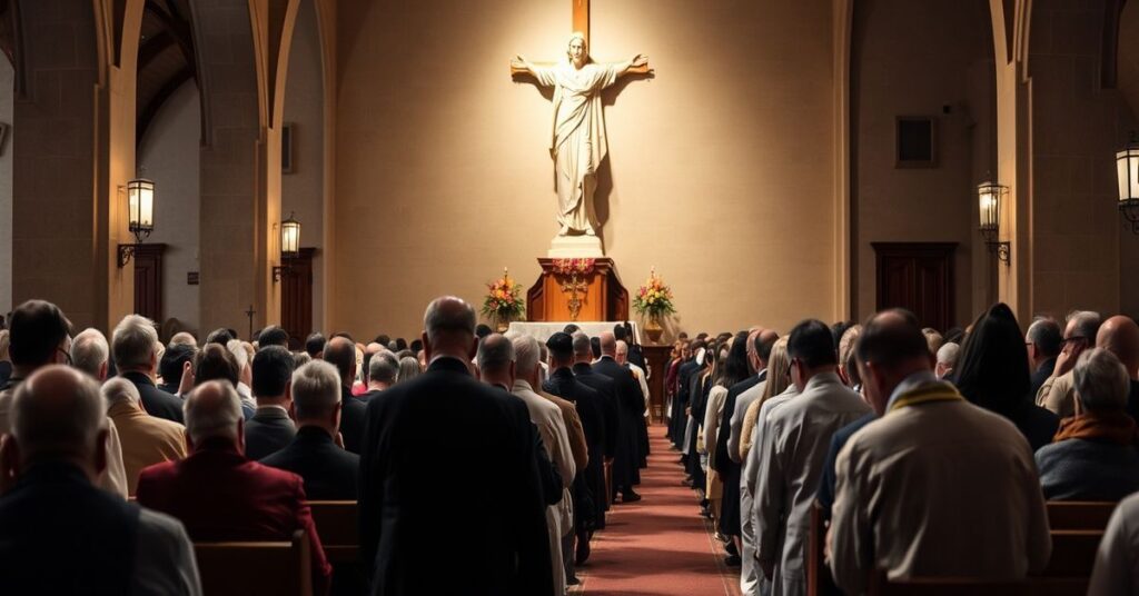 Pobożna msza popielcowa w tradycyjnym kościele katolickim z wiernymi modlącymi się podczas nałożenia popiołów przez księdza w stroju rzymskim.