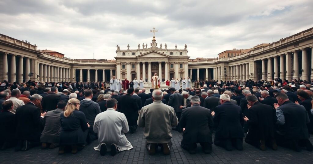 Pilgrzymi modlący się przed pustym tronem na Placu św. Piotra z odległą postacią Roberta Prevosta w towarzystwie nowomodernistów.