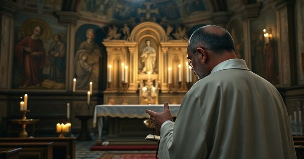 Tradycyjny katolicki ksiądz modli się przed starym ołtarzem kościelnym z woskowymi świecami i różańcem, symbolizując wiarę w obliczu współczesnej herezji modernistycznej.