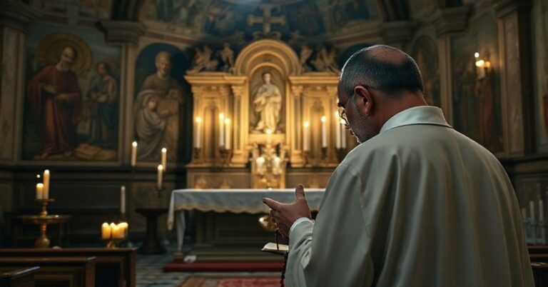 Tradycyjny katolicki ksiądz modli się przed starym ołtarzem kościelnym z woskowymi świecami i różańcem, symbolizując wiarę w obliczu współczesnej herezji modernistycznej.