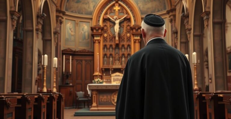 Kapłan katolicki w tradycyjnym stroju przed ołtarzem w kościele, symbolizujący autentyczną wiarę i sprzeciw wobec modernistycznej rewolucji