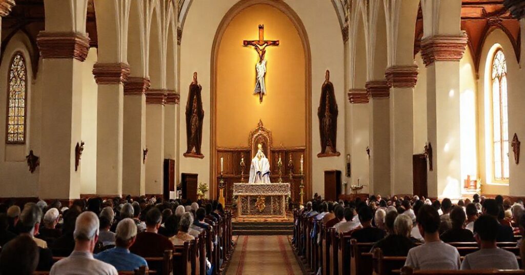Sobór katolicki podczas tradycyjnej Mszy Świętej, z kapłanem przy ołtarzu i modlącymi się wiernymi, podkreślający sakralność kultu katolickiego.