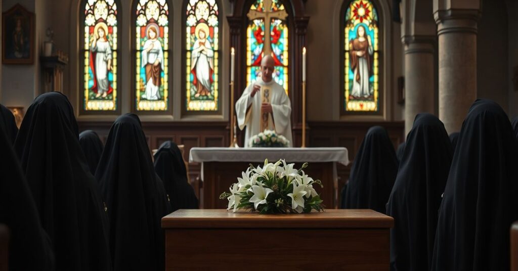 Pokojowy pogrzeb dzieci porzuconych przez aborcję z matkami w żałobnych czarnych welonach i księdzem odprawiającym mszę pogrzebową