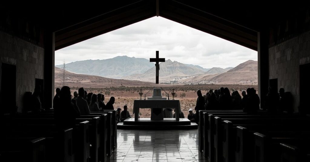 Pusty ołtarz w opuszczonym kościele przy tragicznej scenie w Chiapas w Meksyku