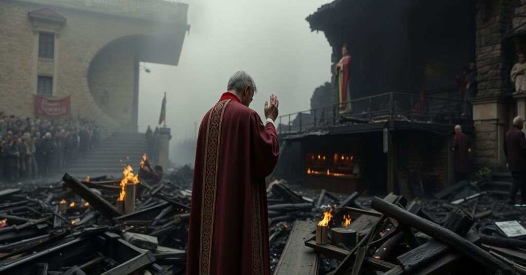 Rytuał katolicki po tragedii w Crans-Montanie - ksiądz modli się nad ruinama baru, obok zgromadzonych żałobników