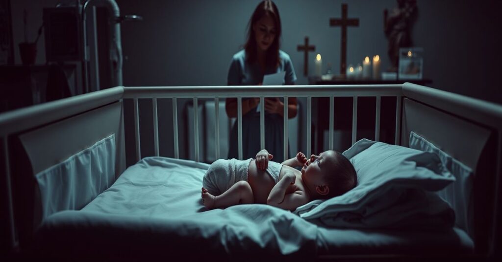 Trzechletnie noworodek leżące w łóżeczku szpitalnym po aborcji