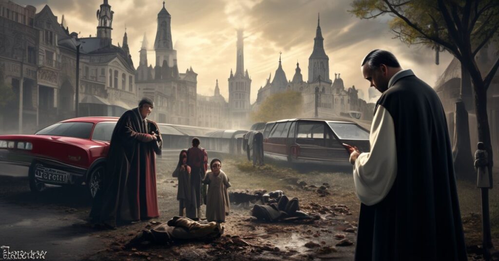 Scena po tragicznym wypadku samochodowym na ulicy Grochowskiej w Warszawie w 2026 roku. Rodzina modli się przy miejscu śmierci sześciolatka, podczas gdy ksiądz w tradycyjnym ornaty trzyma procesję z krzyżem.