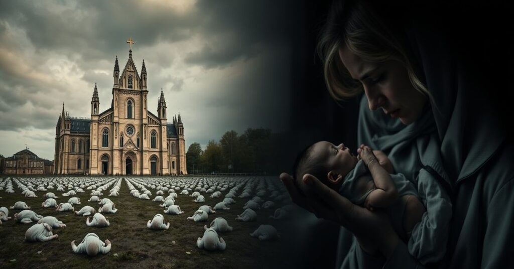 Zatroskana matka w Irlandii przed opuszczonym kościołem z 108 noworodkami pozostawionymi na śmierć bez sakramentów