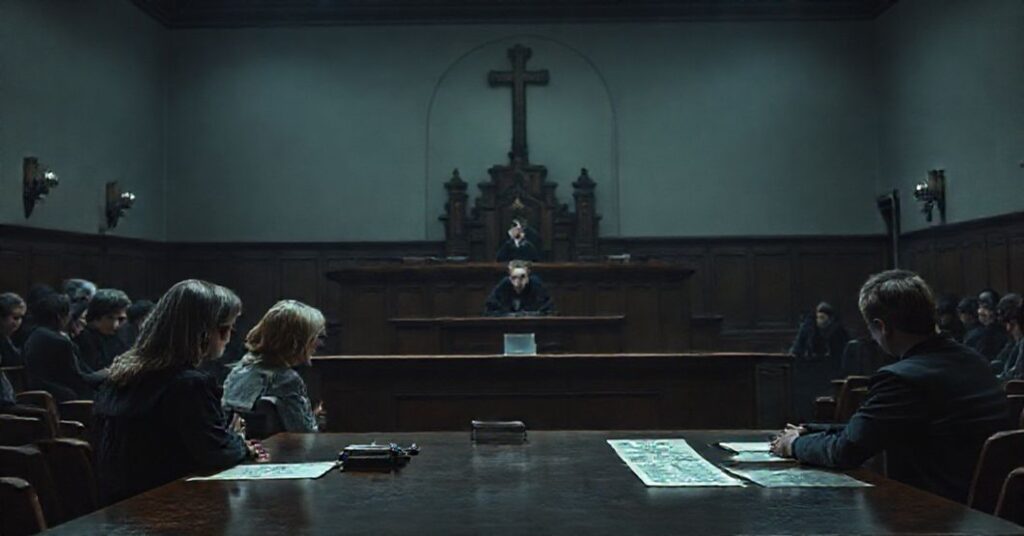 Scena sądowa w Jeleniej Górze przedstawiająca tragizm zbrodni i moralnego upadku społeczeństwa odrzucającego Chrystusa Króla