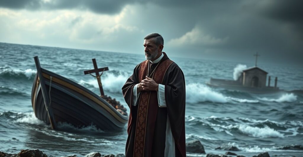 Ksiądz w tradycyjnych szatach sakralnych stoi na wybrzeżu Libii, trzymając krzyż, przy obróconym łodzi migrantów. Scena wypełniona jest głębokim smutkiem i wezwaniem do duchowej refleksji.