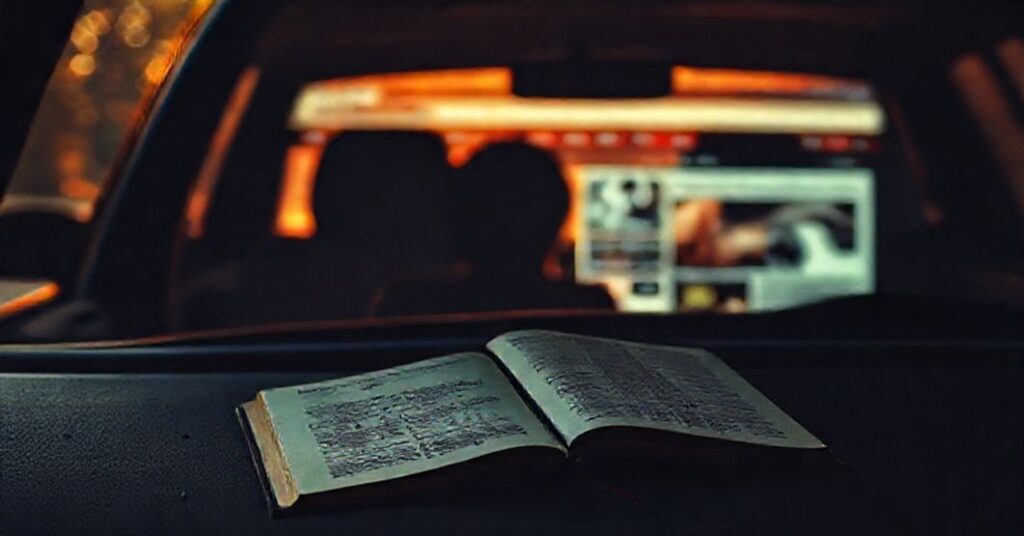 Zaniedbany samochód z cieniem dziecka w środku, w tle rozmyty ekran komputera z pornografią. Scena symbolizuje moralny upadek i tragiczne konsekwencje grzechu czynnego.