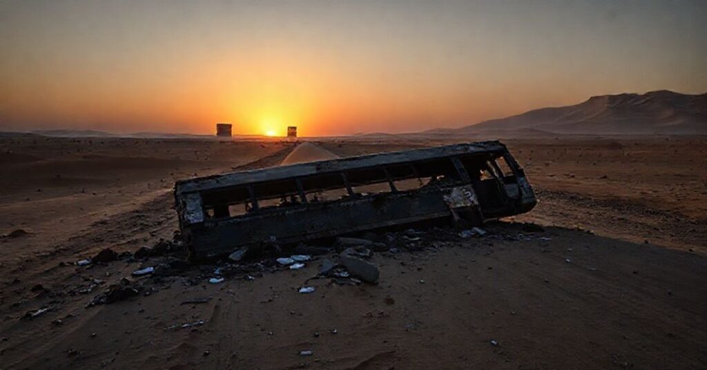 Scena katastrofy pożaru autokaru w Arabii Saudyjskiej z widokiem odległego Kamienia Czarnego w Mekce.