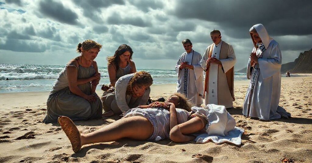 Poważny katolicki obraz tragedii śmierci młodej kobiety w wyniku ataku rekinów w Crowdy Bay, z modlącymi się wiernymi i księdzem odprawiającym mszę pogrzebową.