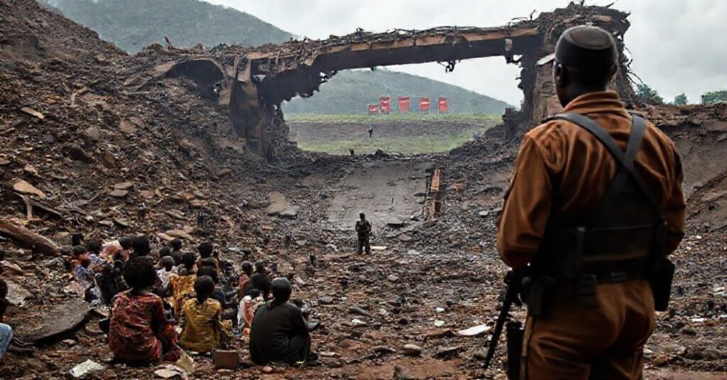 Scena tragicznego zawalenia się mostu w kopalni miedzi i kobaltu Kalando w Mulondo (DR Kongo), z przerażonymi rodzinami i strażnikami na tle.