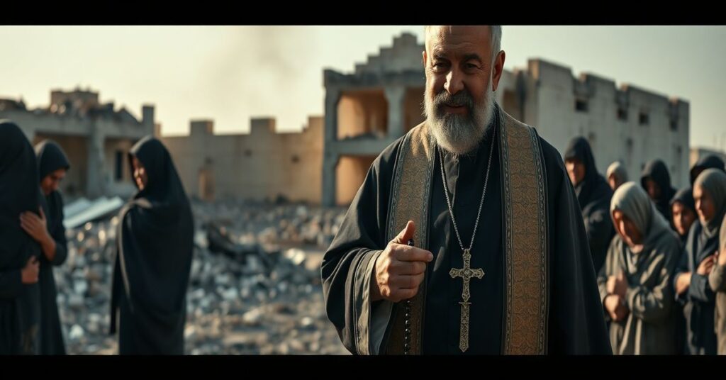 Ksiądz w tradycyjnym stroju kapłańskim stoi przed zrujnowaną szkołą w Minab, Iran. Wokół niego rodziny opłakują utracone dzieci.