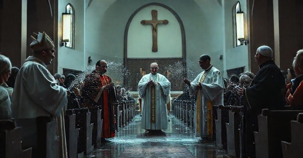 Wnętrze kościoła Zwiastowania w Minneapolis z biskupami Bernardem Hebdą, Kevinem Kenneyem i Michaelem Izenem podczas symbolicznego rytuału ekspiacji po strzelaninie.