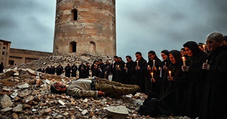 Poważna scena w Rzymie: martwe ciało robotnika jest starannie usuwane spod gruzów XIII-wiecznej wieży Torre dei Conti. Grupa zachwypanej katolickiej duchownych i wiernych modli się z różańcami i zapalonymi świecami w rękach.Iconografia tradycyjnego katolicyzmu w tle symbolizuje duchową ruinę Kościoła powojennego.