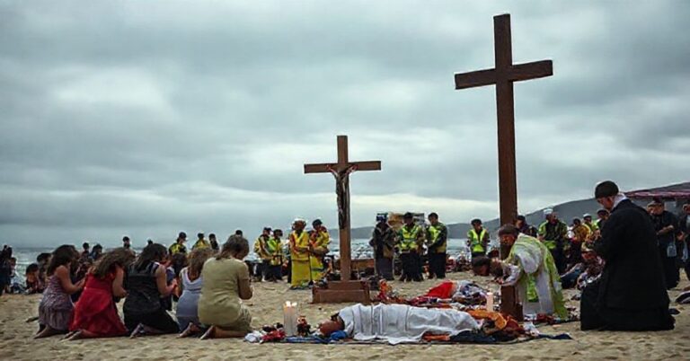 Zdjęcie przedstawiające tragiczny moment po zamachu terrorystycznym na plaży Bondi w Sydney podczas święta Chanukah. Grupa modlącej się podczas katolickiej mszy z wielkim krzyżem na pierwszym planie.