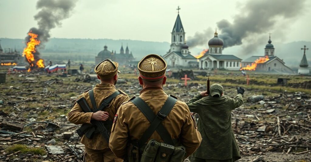 Obraz przedstawiający tragedię wojny na Ukrainie z perspektywy katolickiej, ukazujący żołnierzy z obu stron w tradycyjnych mundurach wojskowych na tle zniszczonych krajobrazów i palących się kościołów. Wydaje się smutek i duchowy kryzys, z widokiem flag NATO w oddali kontrastującym z krzyżami prawosławnymi.