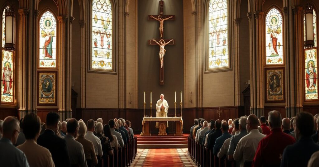 Wnętrze katedry podczas tradycyjnej mszy z kapłanem celebrującym przy ołtarzu i modlącymi się wiernymi na tle dużej kruchy symbolizującej królestwo Chrystusa.