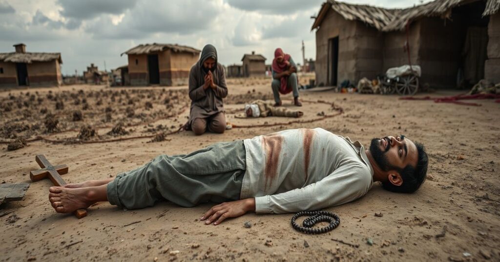 Obraz przedstawia torturowane ciało 22-letniego chrześcijańskiego pracownika rolnego Marqasa Masiha w Sargodha, Pakistan, z widocznymi śladami tortur.