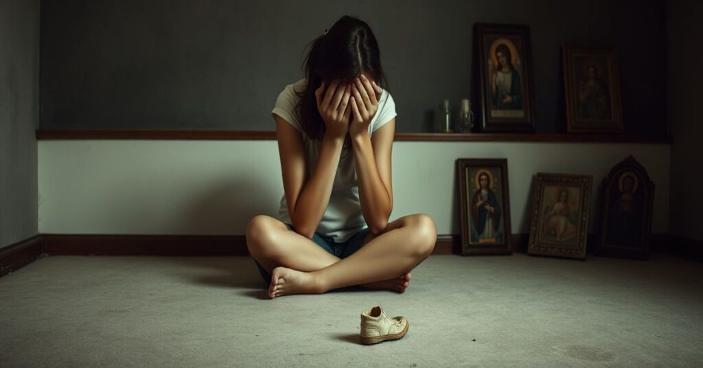 Zmieszana kobieta siedząca sama w słabo oświetlonym pokoju, z rączką dziecka na podłodze obok niej.