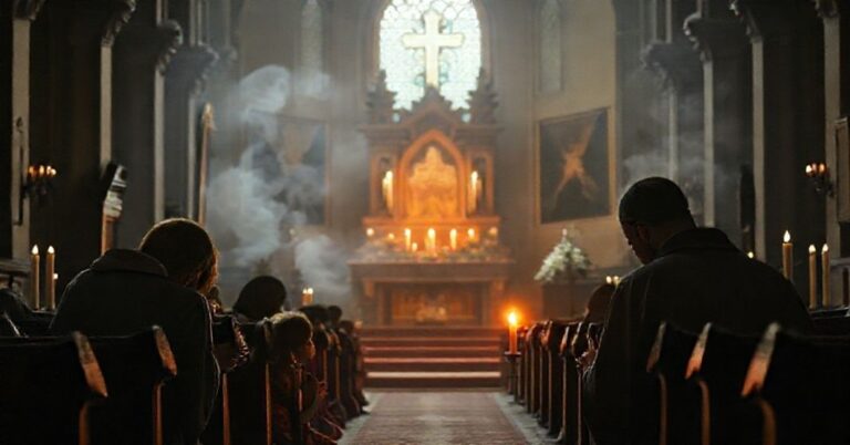 Cerkiew w tradycyjnym stylu z palącą się świeczką, zniszczonym tabernakulum i rodziną w modlitwie.