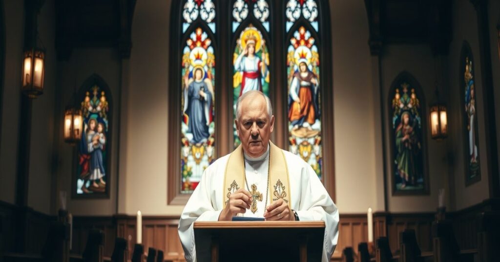 Kościół katolicki w tradycyjnym stylu z księdzem kaznodendym na kazalnicy. Tło przedstawia witraże z Chrystusem Królem i aniołami stróżami chroniącymi dzieci.