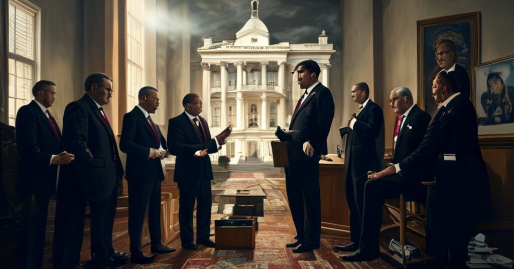 Portret Białego Domu w Waszyngtonie z cieniutką postacią lobbystów z Ballard Partners wymieniających walizki pełne pieniędzy z urzędnikami rządowymi w ciemnych garniturach. Na tle widoczne są twarze Donalda Trumpa i nieznanych dygnitarzy zagranicznych oraz zniszczony egzemplarz Syllabusa Błędów symbolizujący odrzucenie prawa boskiego.