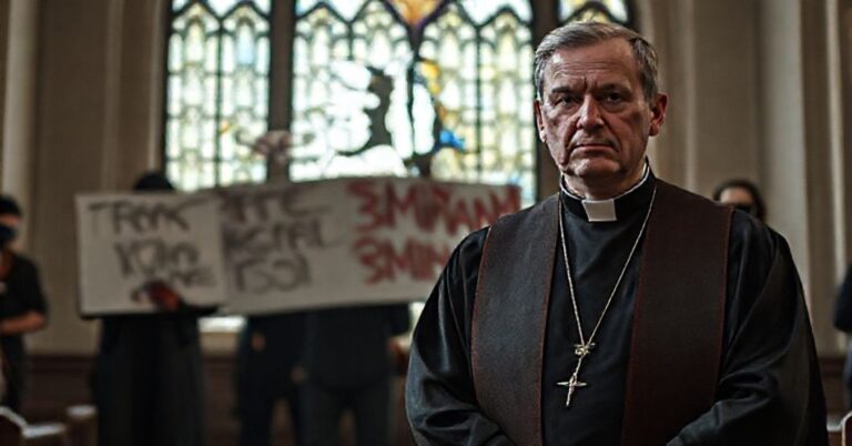 Ksiądz w tradycyjnych szatach liturgicznych stoi przed zniszczonym witrażem kościoła, symbolizującym ruinę porządku sakralnego. Na tle maskowani aktywiści trans destruują banery konferencji feministycznej, rysując graffiti 'Prawa trans to prawa człowieka', podczas gdy przestraszeni uczestnicy uciekają.