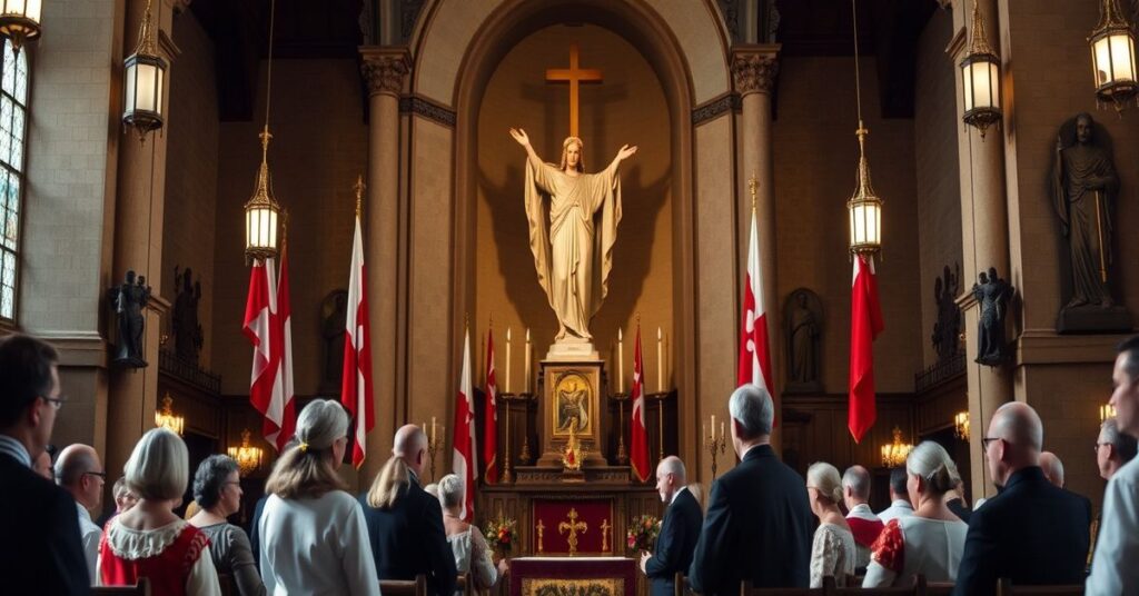 Wnętrze kościoła katolickiego z rzeźbą Chrystusa Króla i symbolami narodowymi. Grupa ludzi dyskutuje o transformacji Polski po 1989 roku.