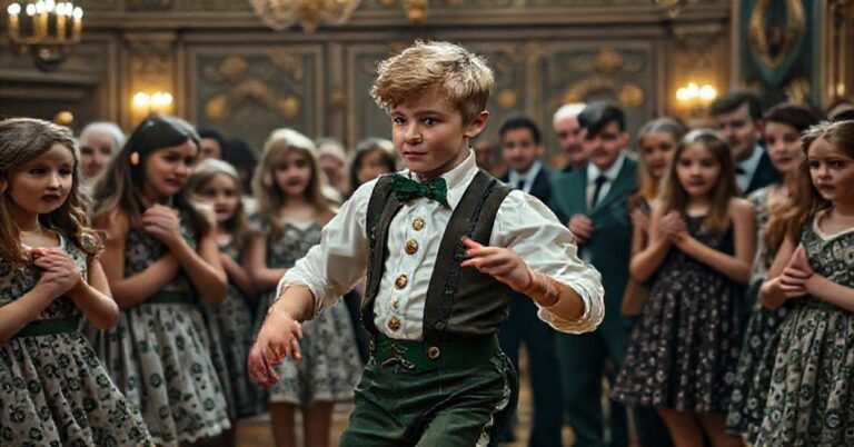 Młody chłopiec w tradycyjnym stroju tańca irlandzkiego wykonujący występ w konkurencji dziewcząt, otoczony zaniepokojonymi dziewczynkami.